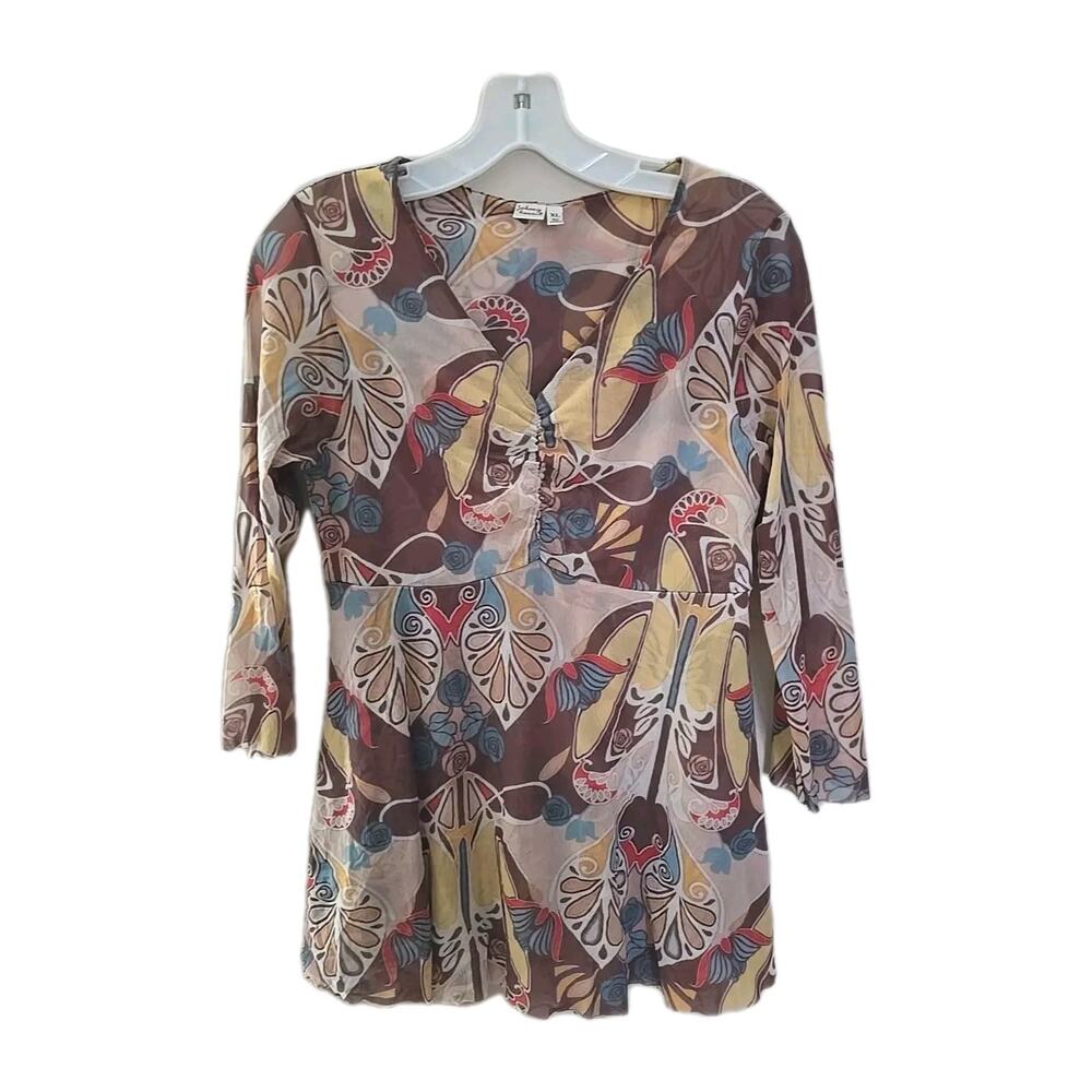 Johnny Heaven Y2K Preppy Brown Floral Paisley Print V-Neck Top Womans Size XL‎